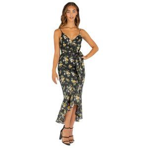 NWOT Floral midi dress black Sze 12 Bohomeian ruffled tiered strappy bow